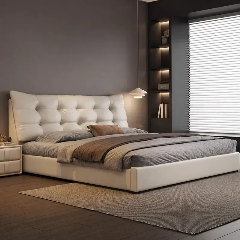 Minimalist Italian Light Luxury Leather Bed Modern Simple Double Bed with Storage Soft Upholstered Master Bedroom Furniture