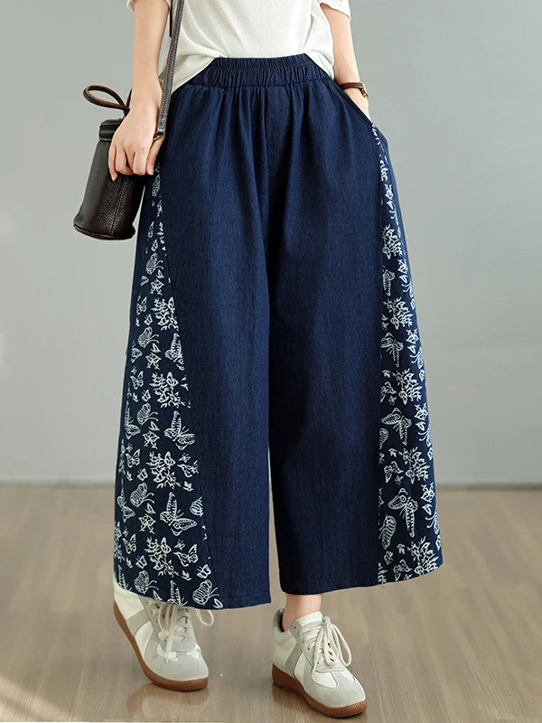 Authentic Vintage Patchwork Print Wide Leg Denim Jeans Women's Skirt Pants Elastic Waist Nine Points Cotton Polyester Blend