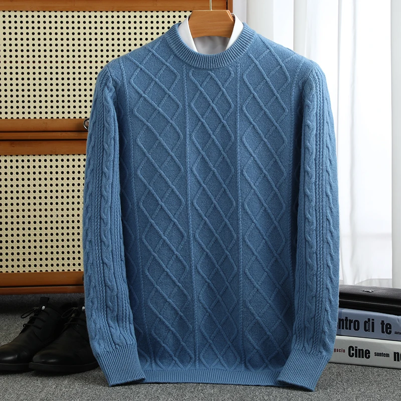 Small diamond jacquard Autumn/Winter new 100% Merino wool pullover Cashmere sweater men's O-neck pullover warm bottom knit shirt