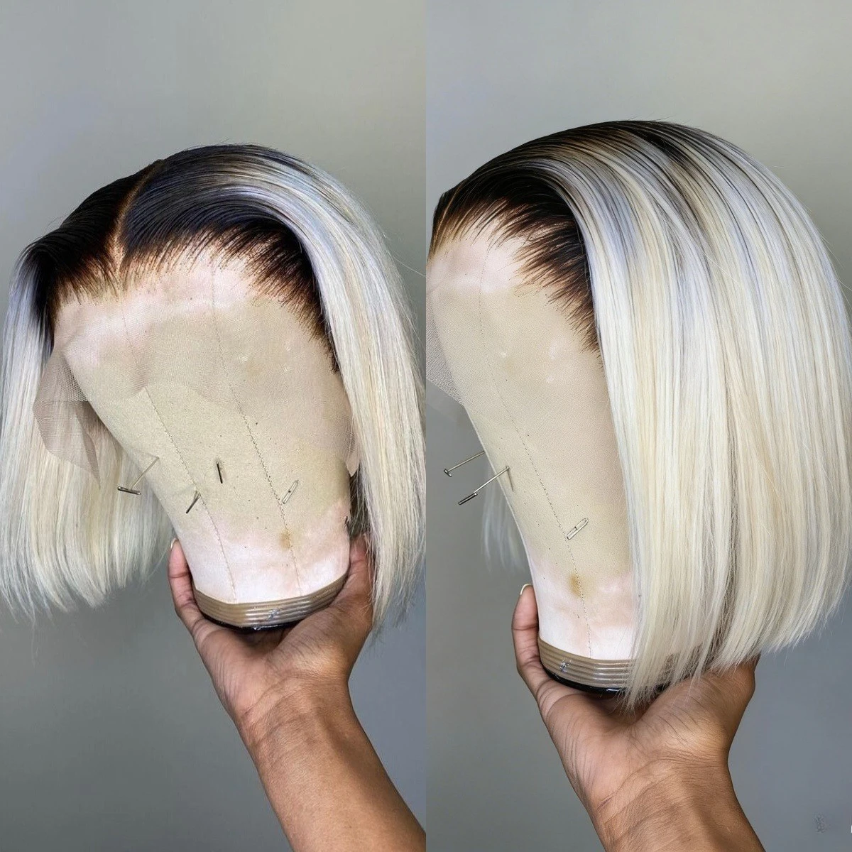 

Синтетический парик Omber White Hair Roots Black Bob с прямой стрижкой и черными корнями, с HD-основой 13x4, короткий, с кружевной передней частью, для повседневной носки или косплея