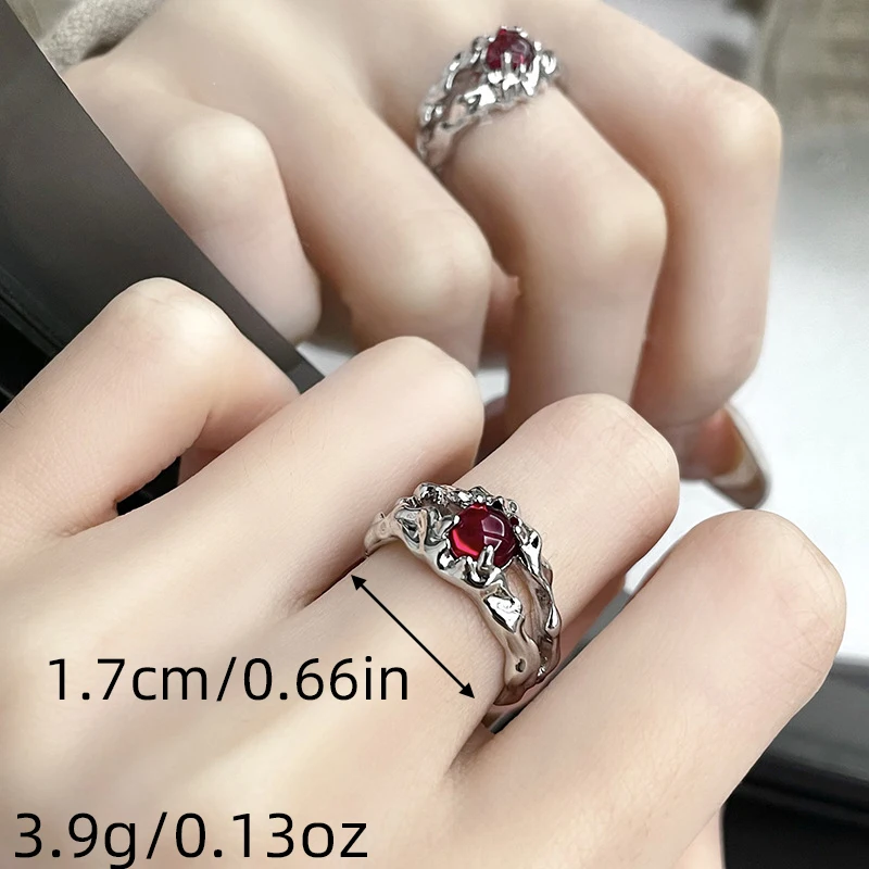 1pc Fashion Folded Hollow Geometry Sense Of Design Simple Metal Imitation Ruby Silver Color Red Color Ring Woman Party Prom Gift