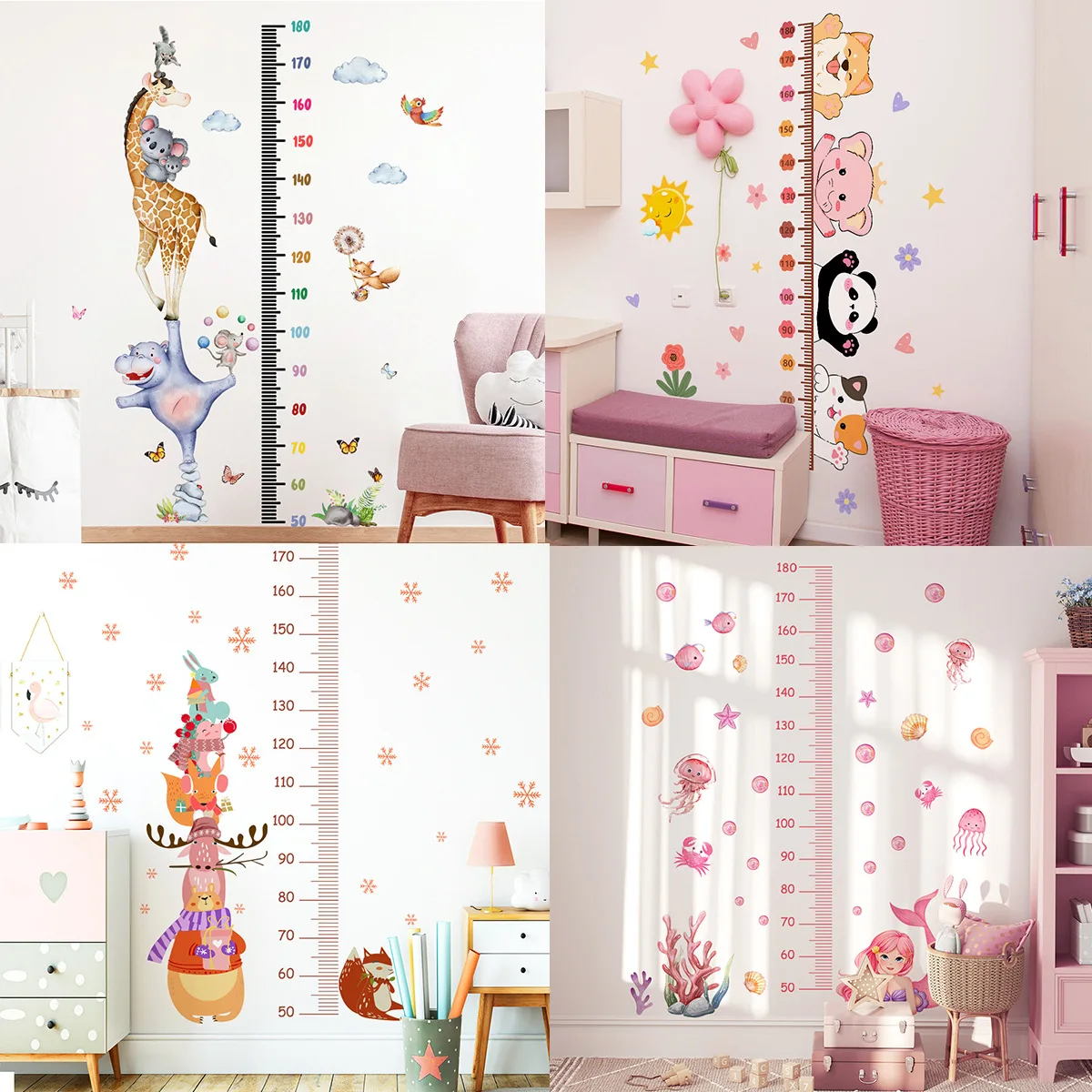 Animal Mermaid Height Measurement Stickers Self-Adhesive Wall Decals for Children's Background Nursery Decorative Height Chart