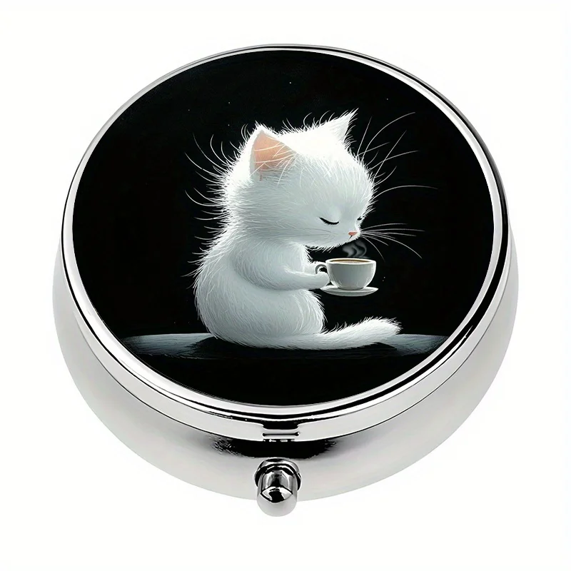 1 pill box with 3 compartments, cute kitten coffee theme, mini pill container, pill organizer, perfect for travel and storing vitamins