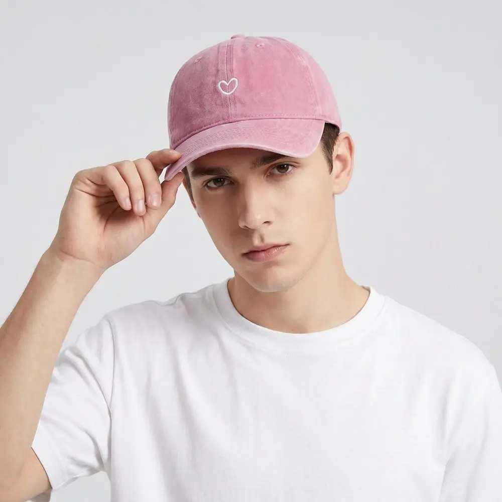 Soft Top Embroidered Heart Baseball Cap Retro Thin Embroidery Love Baseball Hat Sweet Fashion Washed Cotton Baseball Cap Men