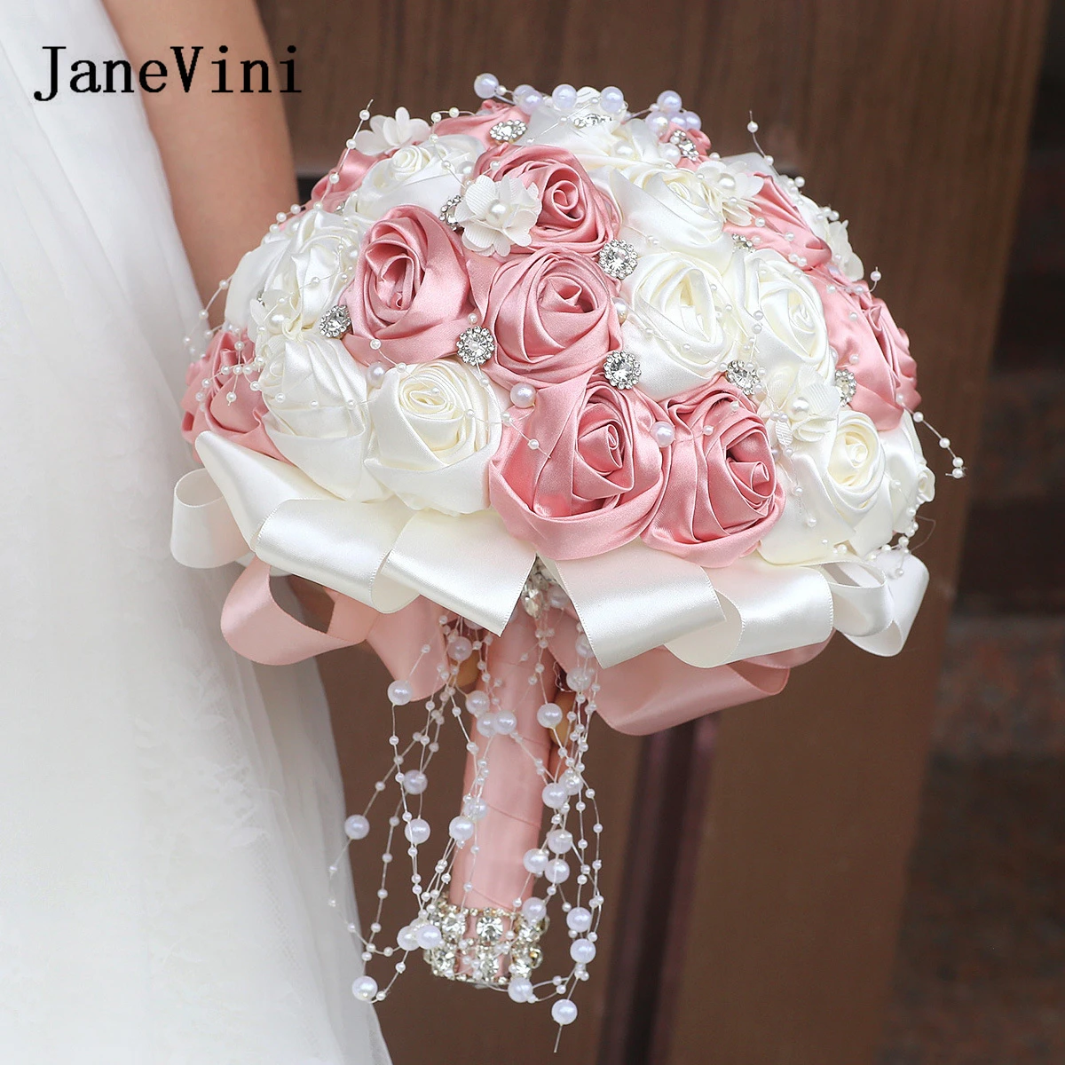

Роскошный свадебный букет JaneVini с жемчугом и кристаллами, пыльно-розовый, цвета слоновой кости, атласные розы, украшенные бисером, свадебные букеты для невесты, цветы, подарок для невесты на вечеринку