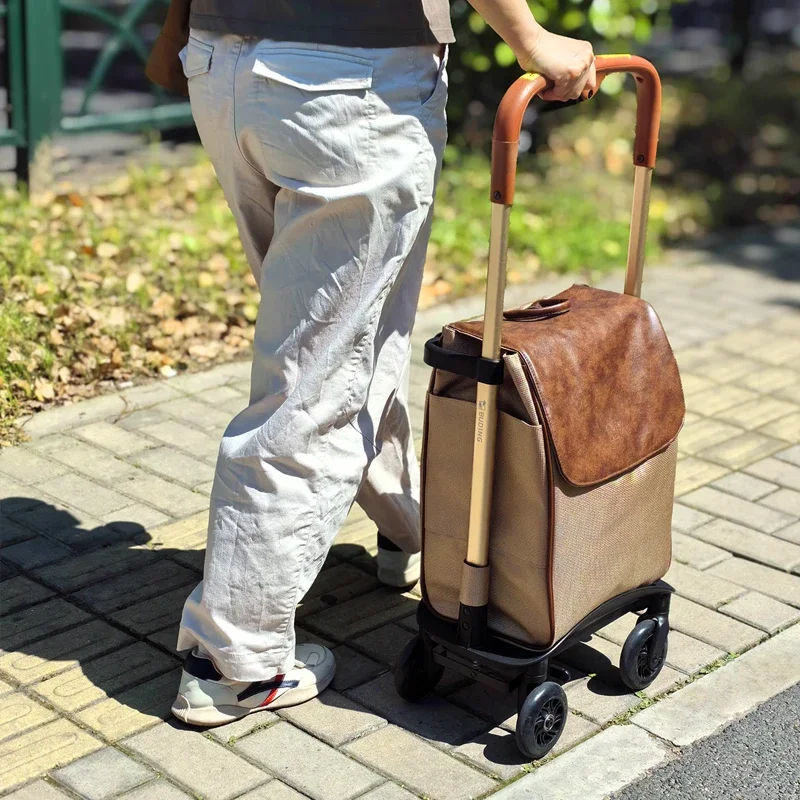 Japanese Style Elderly Handcart Multi-purpose Fold Utility Cart for Laundry Grocery Shopping Home Trolley with Telescopic Rod