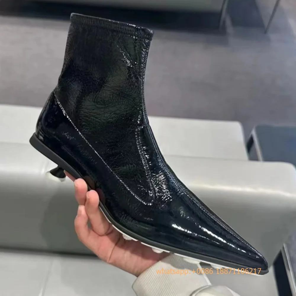 

Patent Leather Pointed Sexy Short Boots 2024 Autumn New Luxury Banquet Stiletto Catwalk Boot Elegant Fashion Ladies Casual Boots