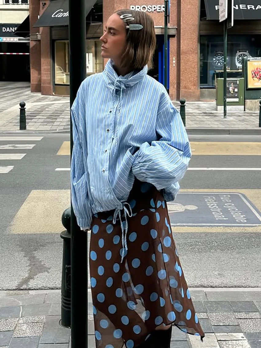 Chemise Femme Imprimée Rayée TTQV Printemps 2026 Col Roulé Manches Longues Chemises Élégantes Classiques Haut Vêtement Femme Streetwear