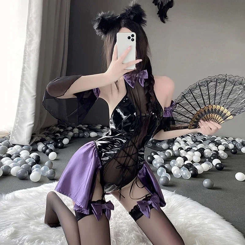 Genshin-body de charol Fischl de impacto para mujer, disfraz de cosplay de juego de anime, lencería sexy, chica conejito, sirvienta, vestido bonito wa5605