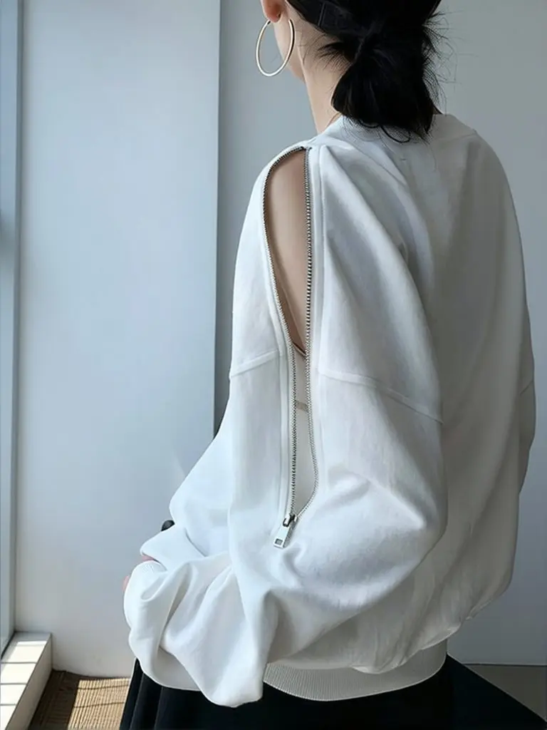 Zip Up Off Shoulder Sweatshirt Women  Loose Crew Neck Long Sleeve Hoodie Top Chic Spring Fall Outwear
