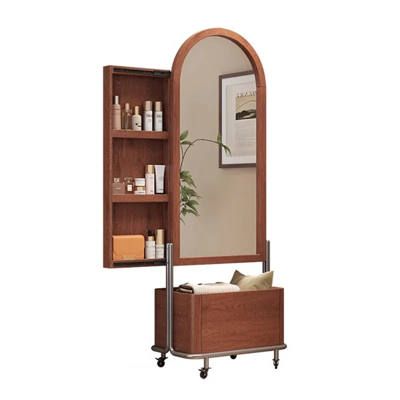 

Solid wood full body mirror floor mirror home bedroom sliding and pulling dressing mirror hidden with cabinet door movable