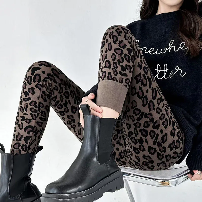 Leggings femininas de cintura alta de lã de leopardo para outono/inverno, calças lápis de fitness sexy