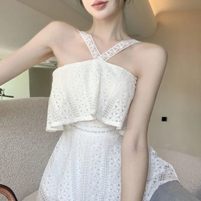 

Spice Lace Suspender Vest 2025 Summer White Short Sleeveless Temperament Ruffled Women's Blouse