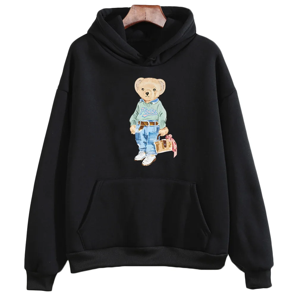 Cute Bear Pattern Sweatshirts Trendy Women Hoodies Winter Fleece Clothing Long Sleeve Sudaderas with Pocket Pullovers Casual