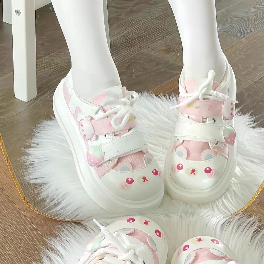 Original Japanese Cute Strawberry Bear Canvas Shoes for Women Autumn New Student Casual All Match Thick Sole Platform Shoes