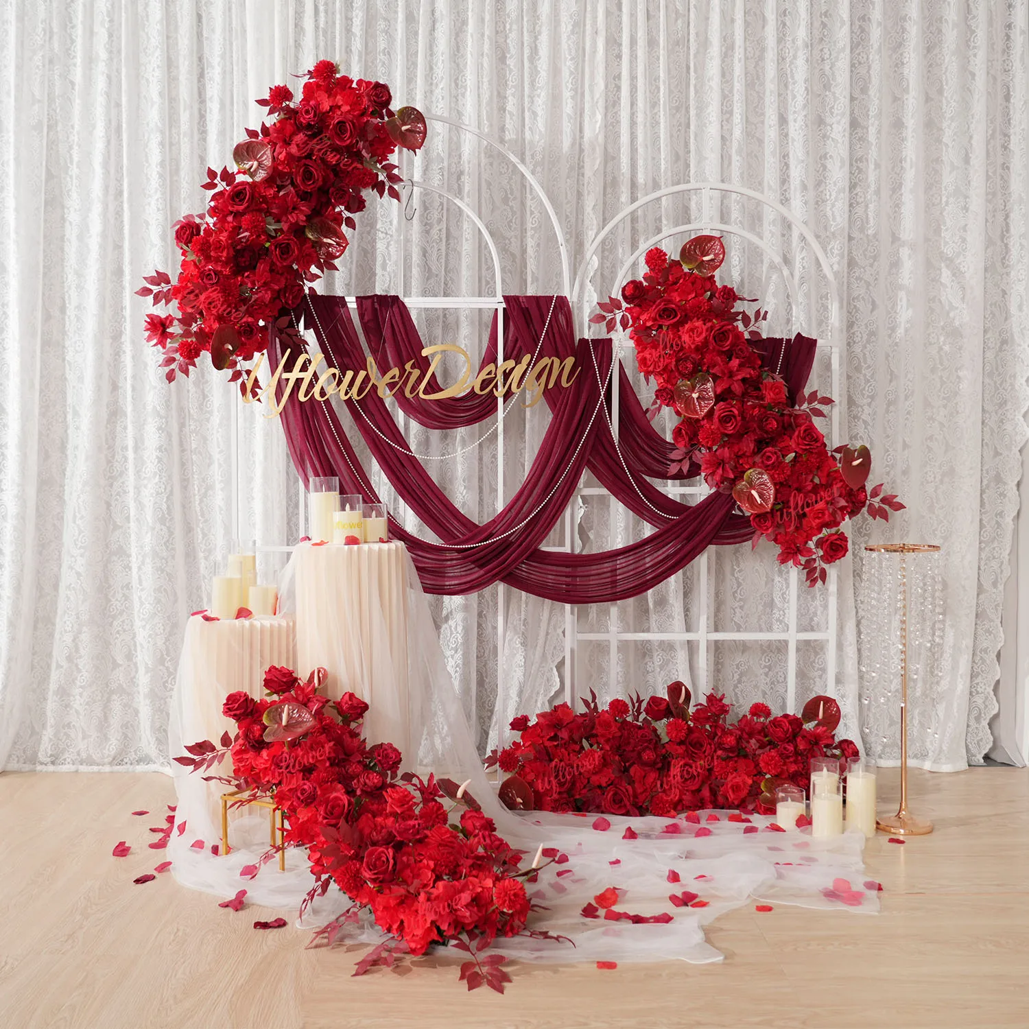 Uflower Red Flower Row Wedding Arch Decorative Backdrop Table Centerpiece Event Prop Floor Road Event Flower Arrangement