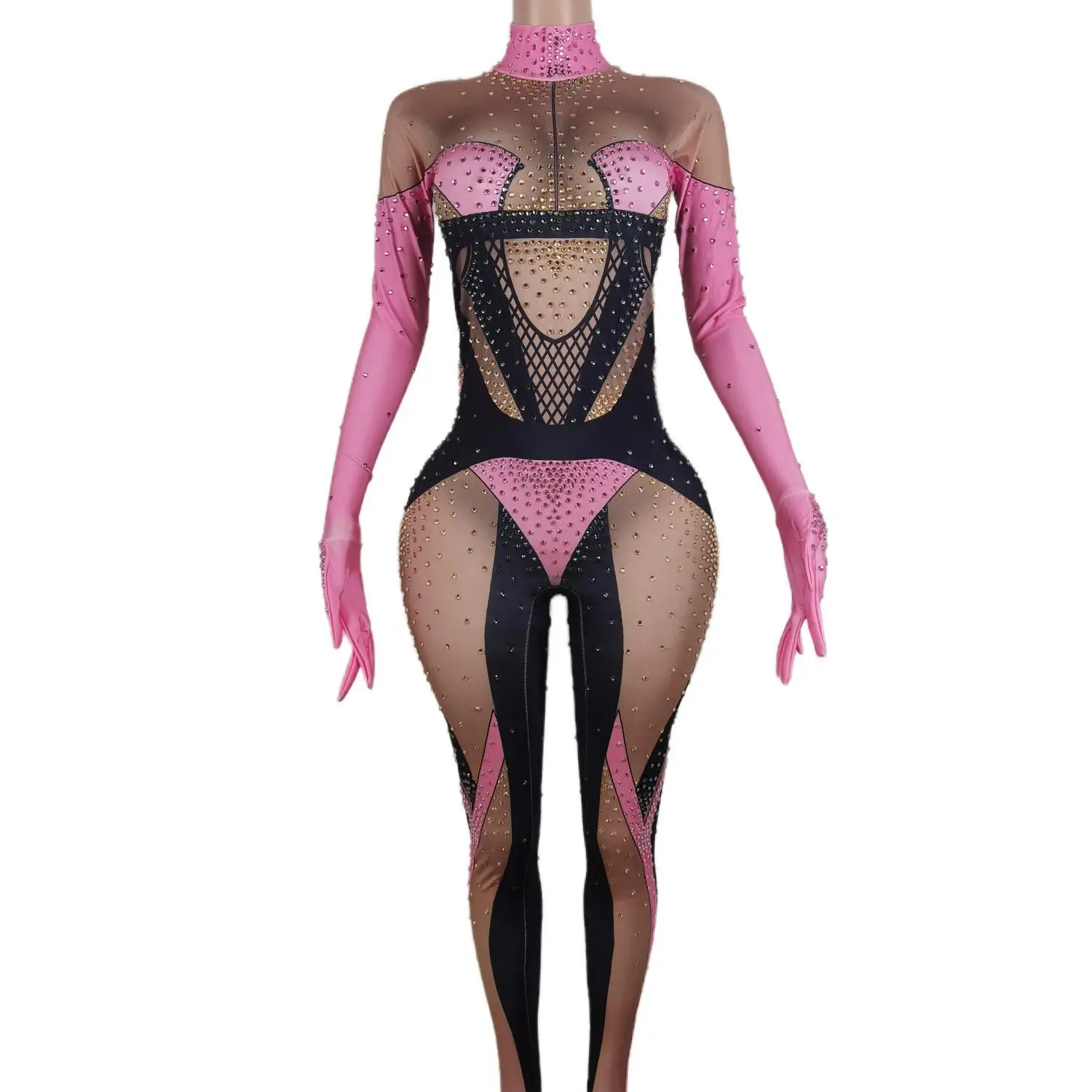 

Sexy Pink Rhinestones Jumpsuits Woman Nightclub Print Leotard Singer Costume Birthday Party Pole Dance Drag Queen Stage Wear