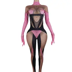 Monos con diamantes de imitación rosas para mujer, leotardo estampado para discoteca, disfraz de cantante, fiesta de cumpleaños, Pole Dance, Drag Queen, ropa de escenario