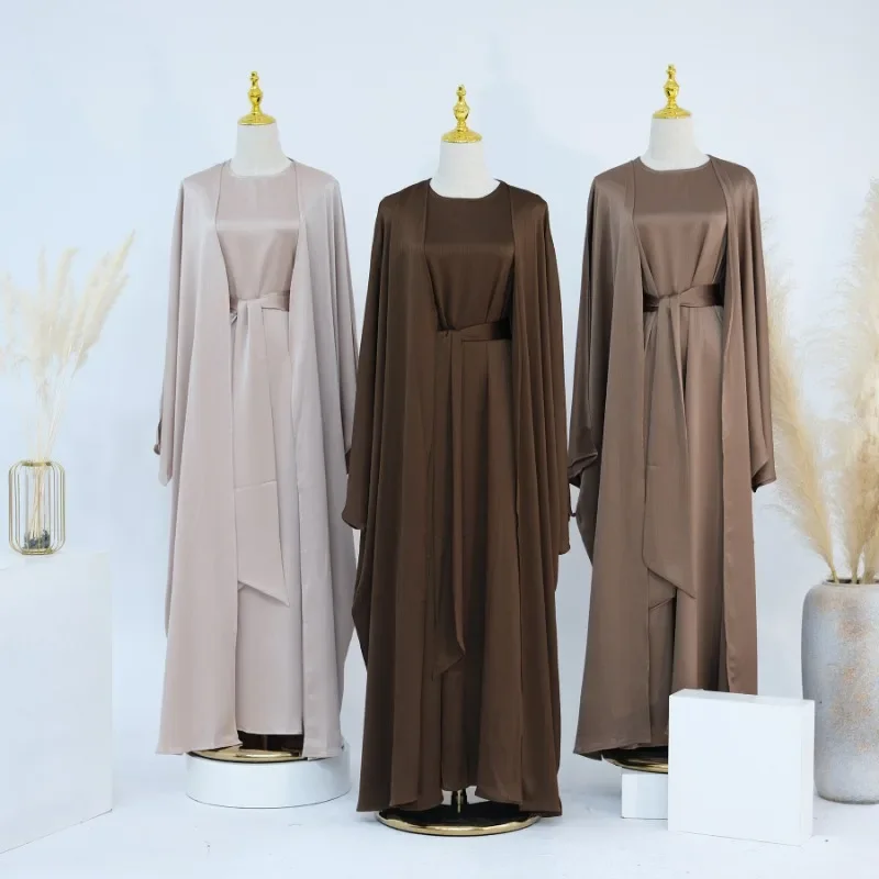 Dubai Abaya Muslim Women Dress and Coat 2-piece Set Eid Ramadan Solid Color Robe Elegant Party Muslim Sets Islam Modest Clothing