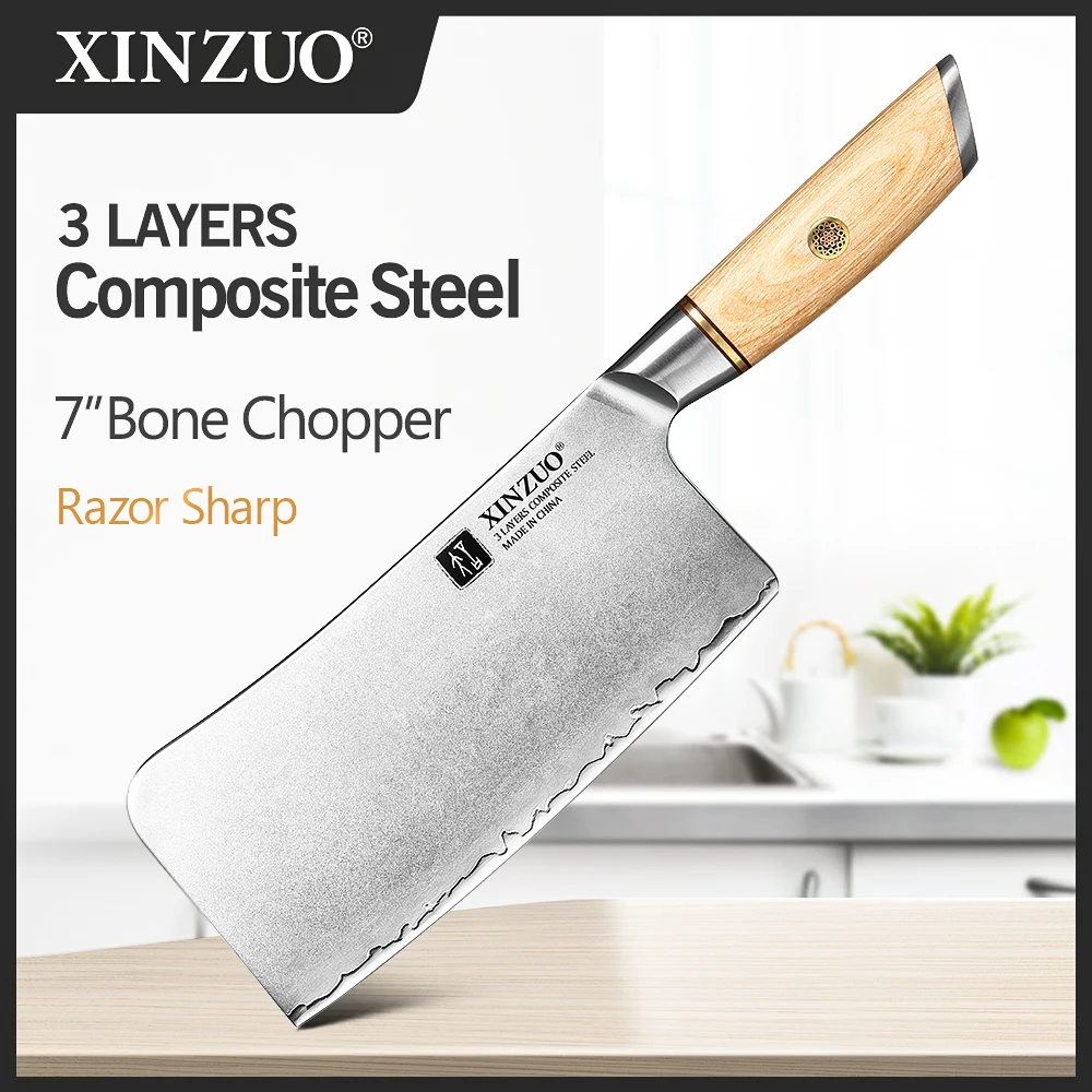 

XINZUO 7 Inch Bone Chopper with Pakkawood Handle Customized 9Cr18CoMoV Steel Core Composite Steel Kitchen Knives