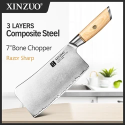 XINZUO 7 Inch Bone Chopper with Pakkawood Handle Customized 9Cr18CoMoV Steel Core Composite Steel Kitchen Knives