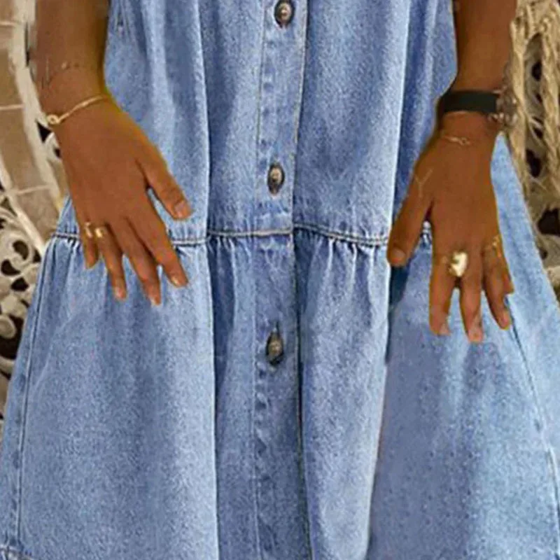 Mini camicia estiva da donna elegante Abito blu da spiaggia Vestito estivo Casual Allentato Manica corta Abiti monopetto Abiti da donna