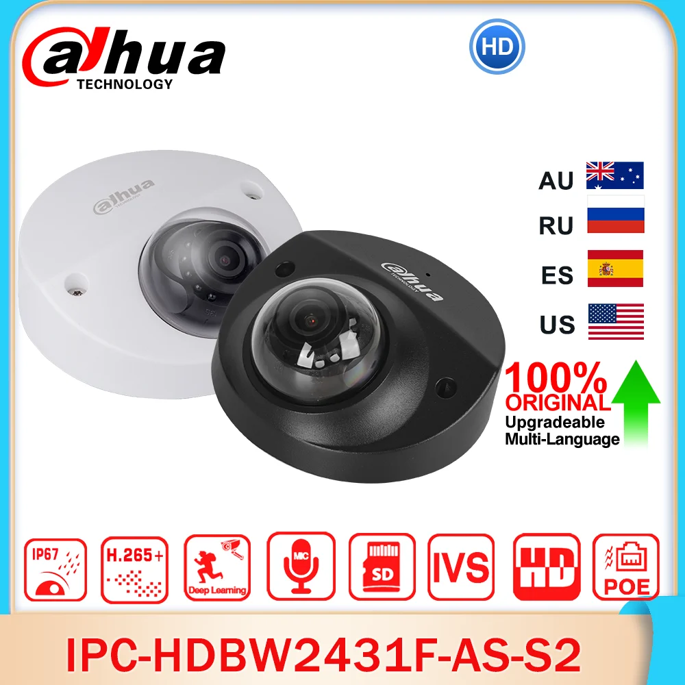 

Dahua Original IPC-HDBW2431F-AS-S2 4MP Lite Dome Network Camera Intrusion Tripwire IR 30M H.265 Alarm Audio I/O POE IP67 IK10