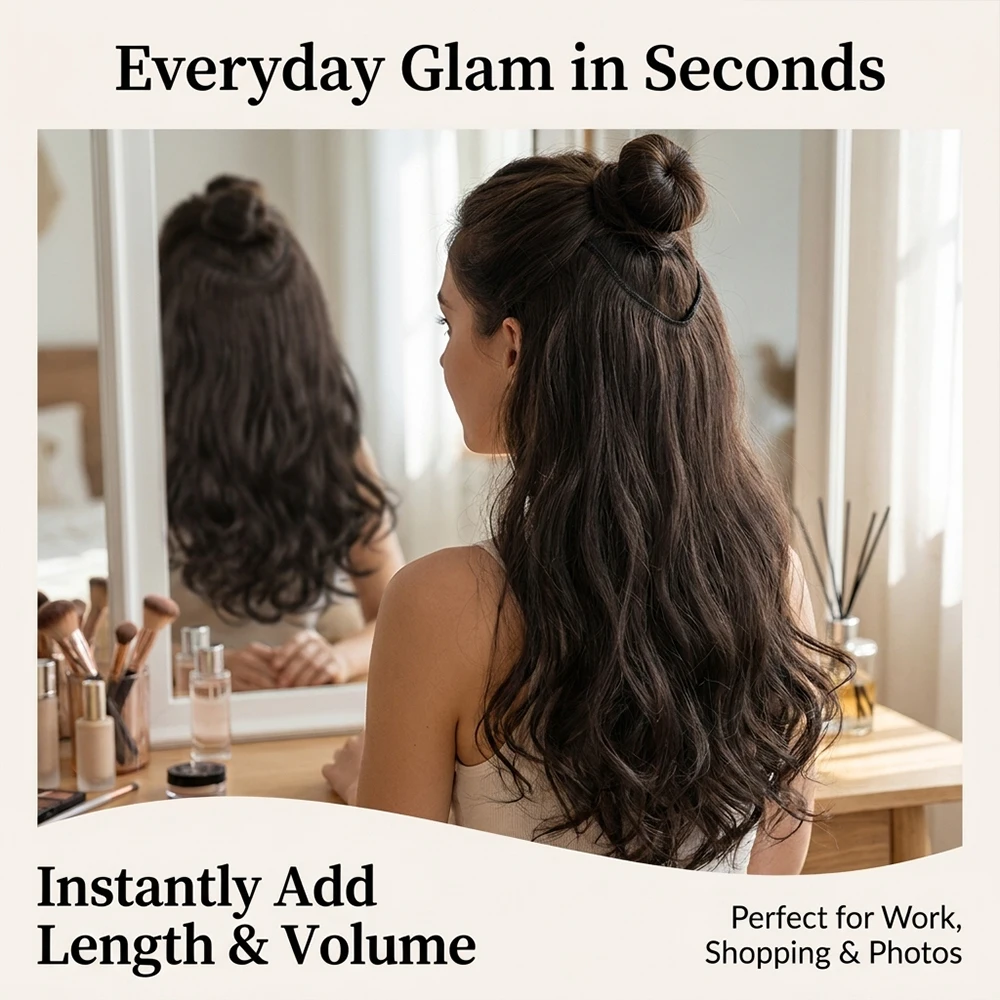 20/24Inch Synthetic Long Culry Hair Extension V-shaped One Piece Fluffy Invisible Hair Black Brown Hairpiece for Women
