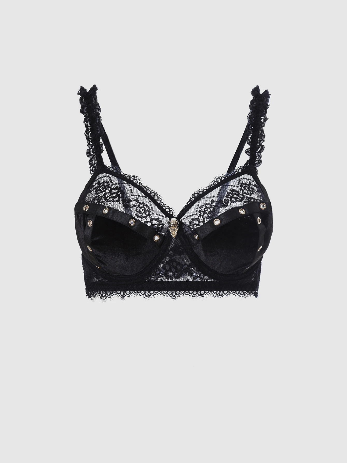 Gothic Dark Lace Rivet Decorated Bra Velvet Patchwork Sexy Underwear Black Lace Harness for Women