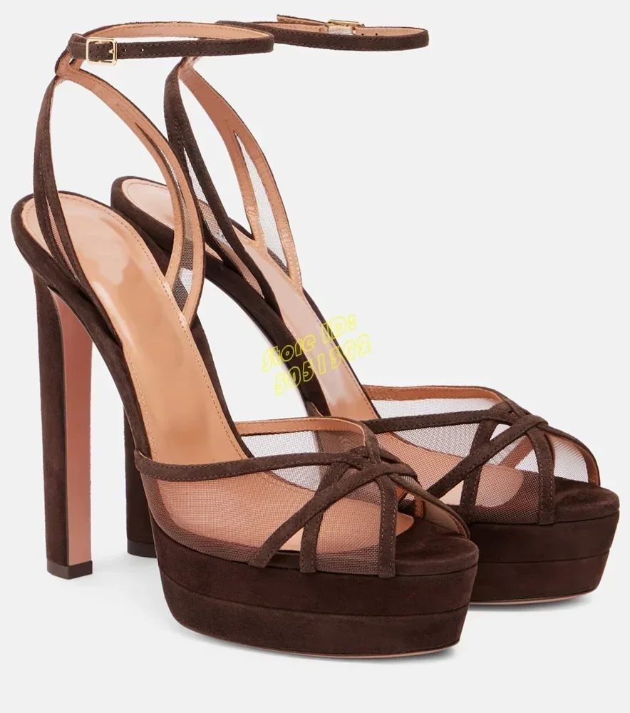 Air Mesh Platform Sandals Ankle Buckle Strap Open Toe Block High Heel Fashion 2025 Summer Women Dress Shoes Solid Custom Made