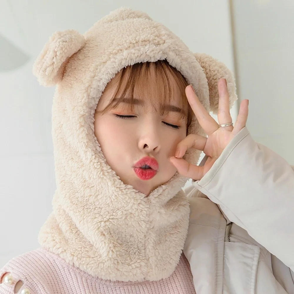 

Sweet Cute Bear Ear Hat Scarf Cartoon Korean Style Winter Warm Hedging Cap Solid Color Windproof Plush Hat Scarf Autumn