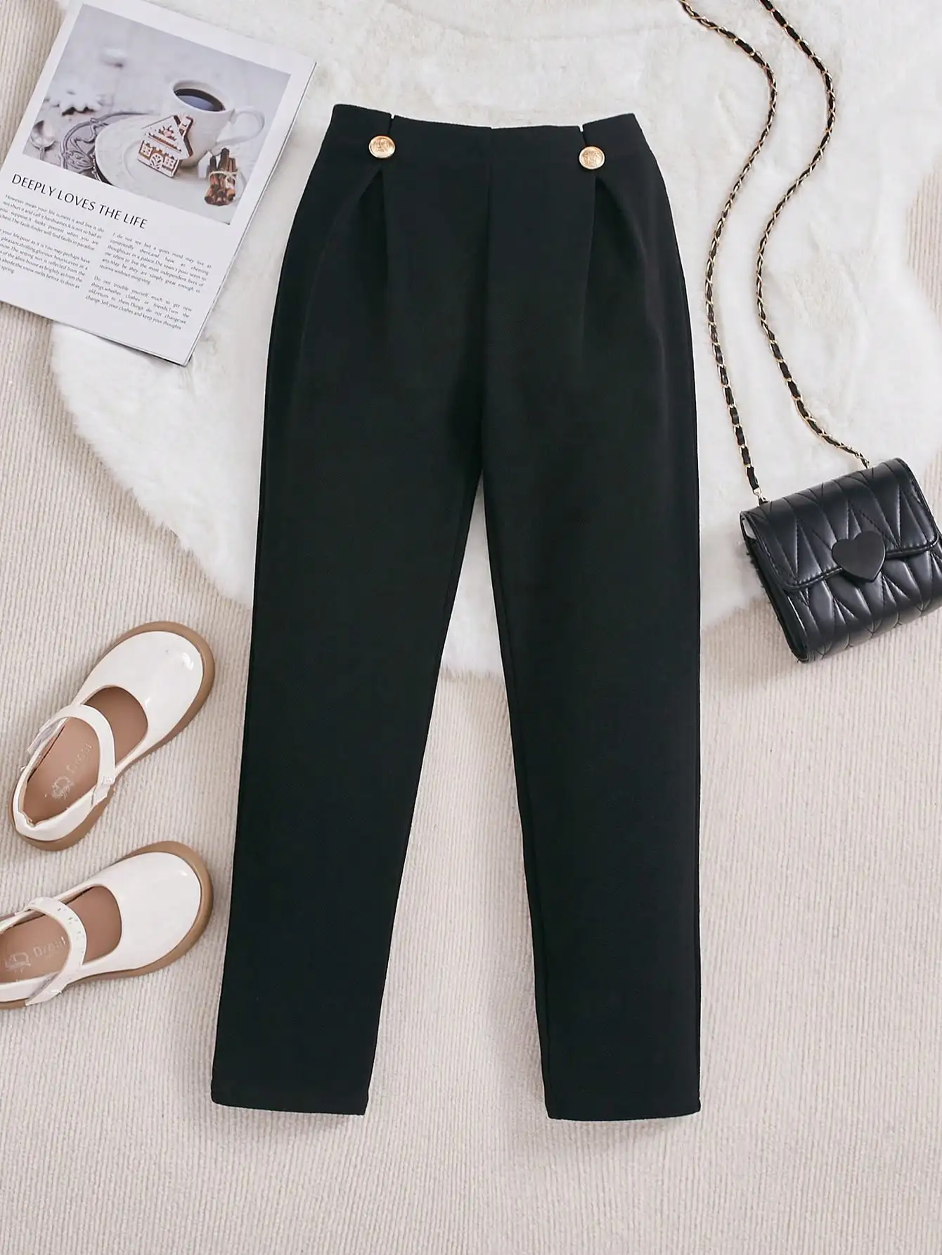 

Women High Waist Button Detail Black Pants