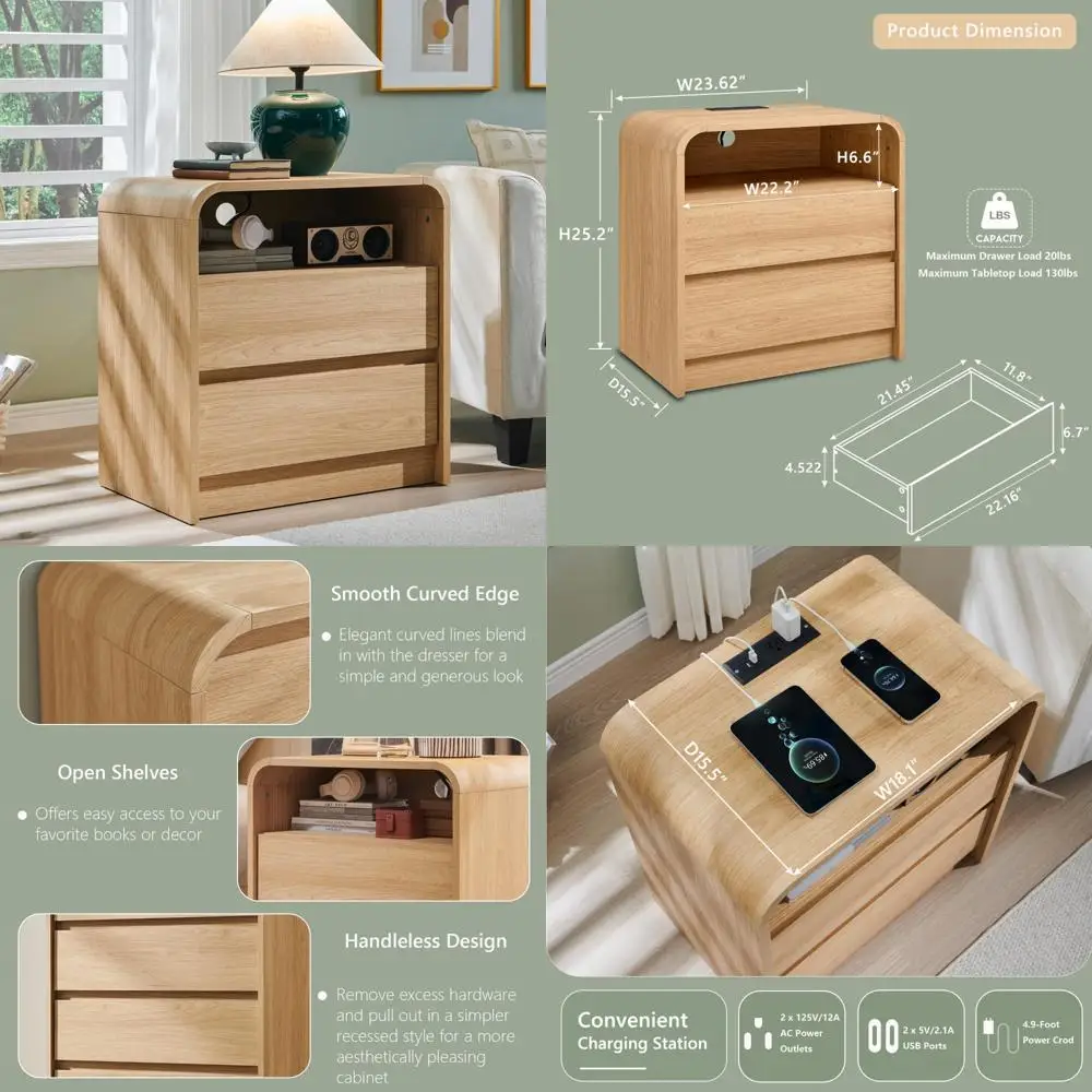 "25 Inch High Modern Nightstand with Charging Dock, 23.6 Inch Wide Wooden Bedside Table featuring Two Storage Drawers, Large Mid