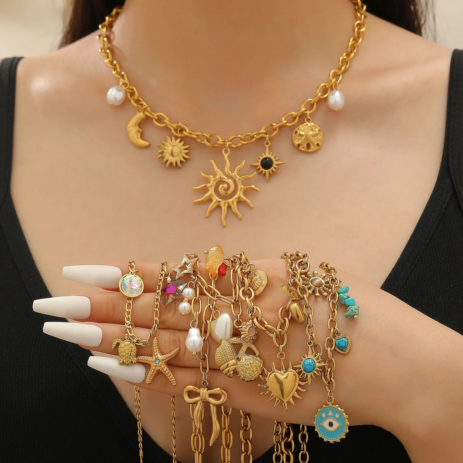 

Women Sun Moon Heart Starfish Turtle Star Bow Evil Eye Choker Jewelry Sea Theme Charm Necklace Multiple Layers Ocean Style