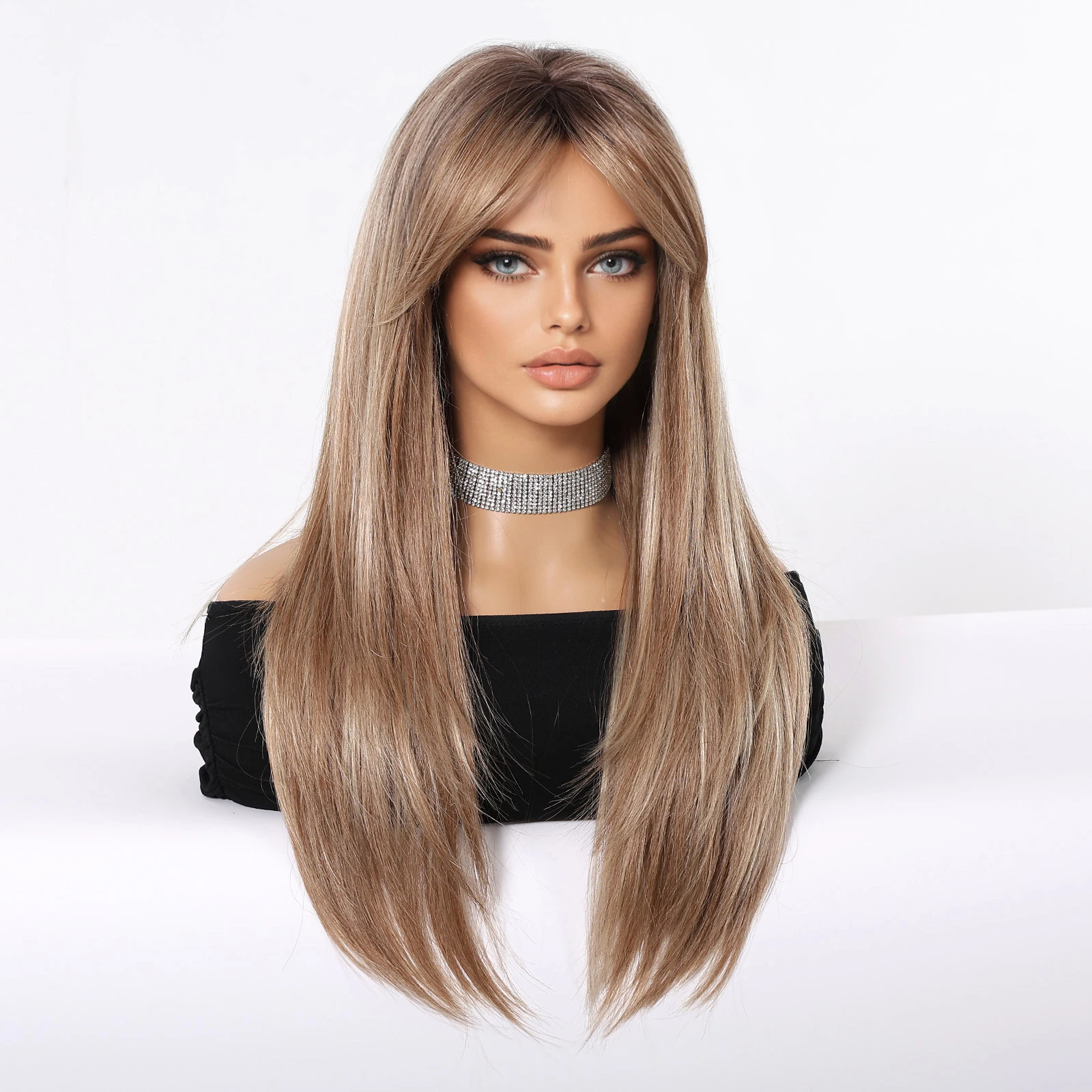 Brown Ombre Balayage Long Straight Layered Synthetic Wig with Curtain Bangs for Women Highlighted Hair Natural for Daily