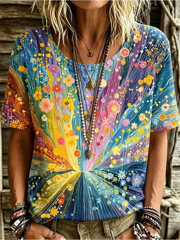 Women's Colorful Floral Print Crew-Neck T-Shirt Lightweight and Breathable Short-Sleeve Top Casual Women's Short-Sleeve Top