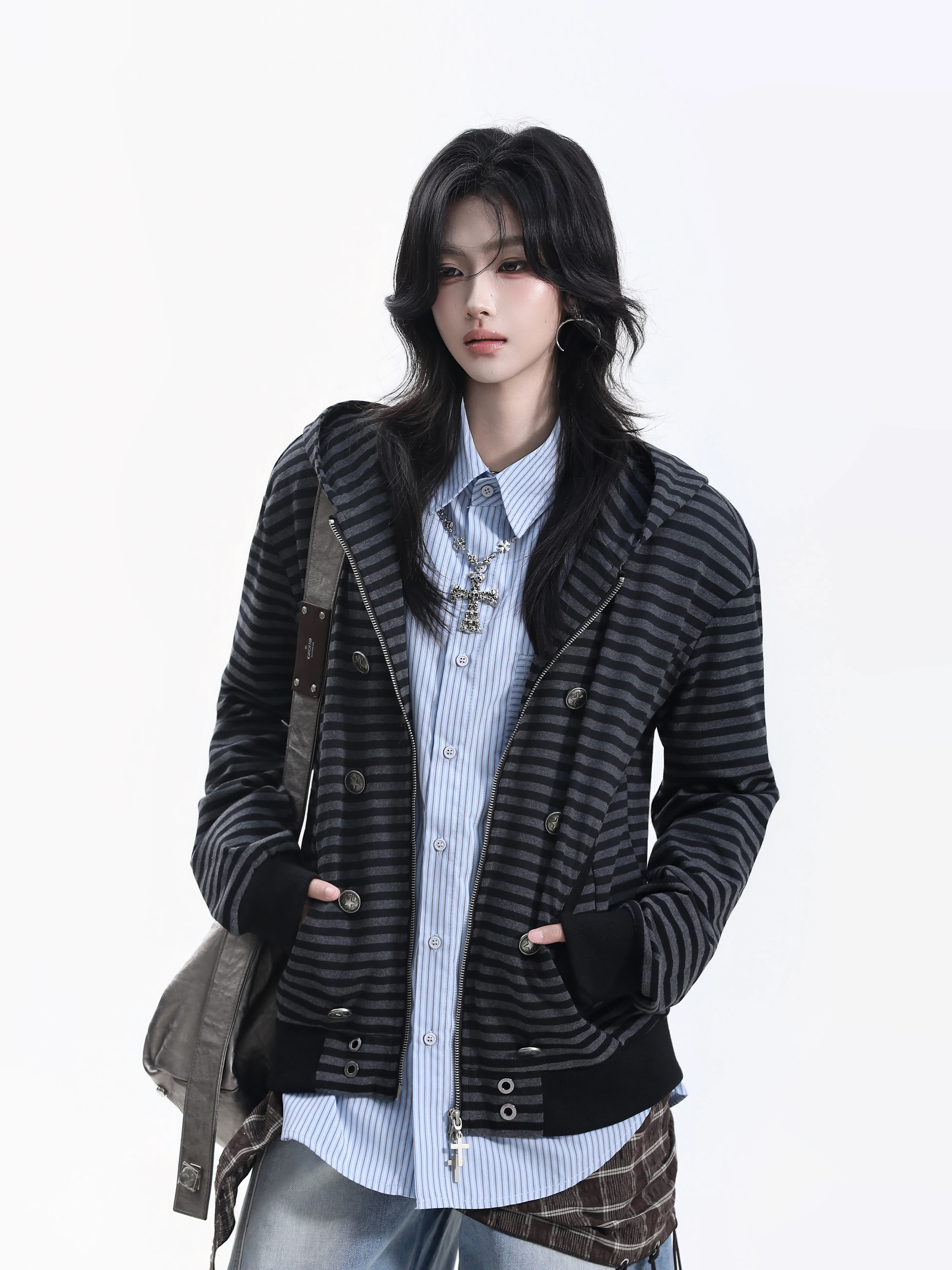 Vintage Striped Rivet Hooded Open Cardigan Sweatshirt Women Loose High Street Oversized Neutral Style Jacket Cotton 100% Long...
