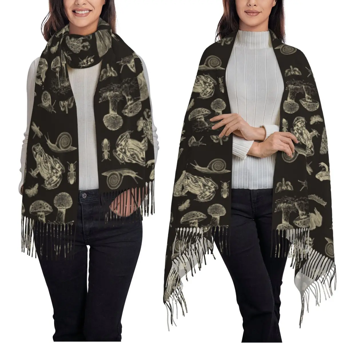 Frog, Mushroom, Snail, And Moth Insects Scarf Tassel Scarves for Women Soft Warm Shawls and Wraps Long Fall Winter Shawl Wrap