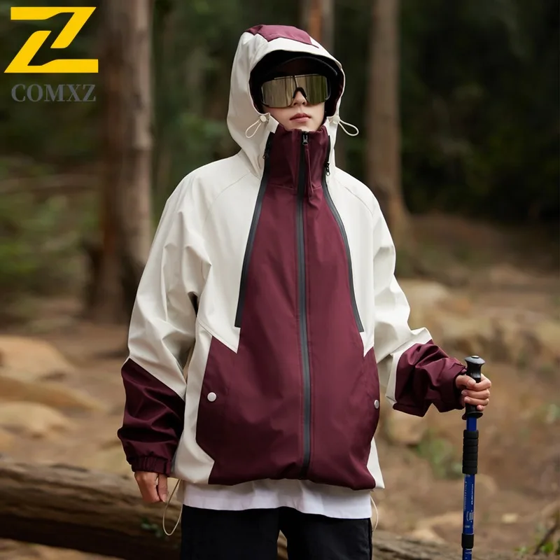 

COMXZ 2025 Outdoor Color Block Couple Hooded Work Jacket Waterproof Sport Casual Long Sleeve Windbreaker Unisex Waterproof Coat