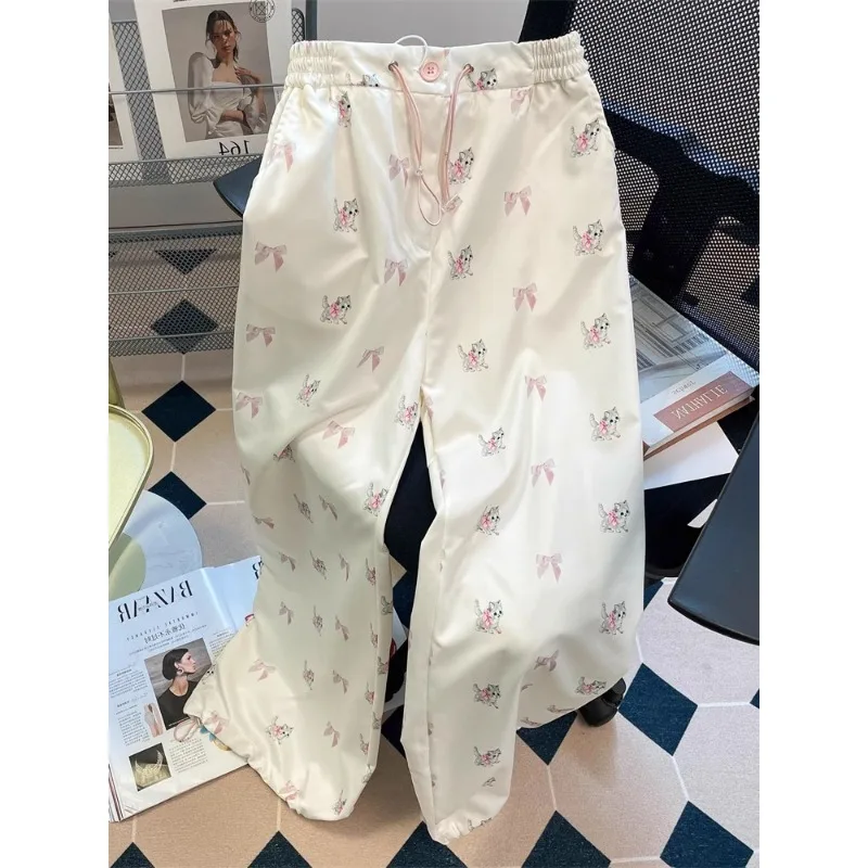 Doce bonito kawaii gato laço impressão calças para mulher y2k streetwear all-match mulher calças coreano casual novas calças femininas