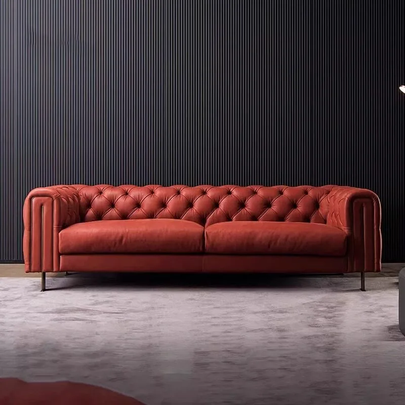 Italian-style Light Luxury Three Seat Living Room Caramel Color All Green Leather Movable Sofa Straight Row Wood Legs Cushion