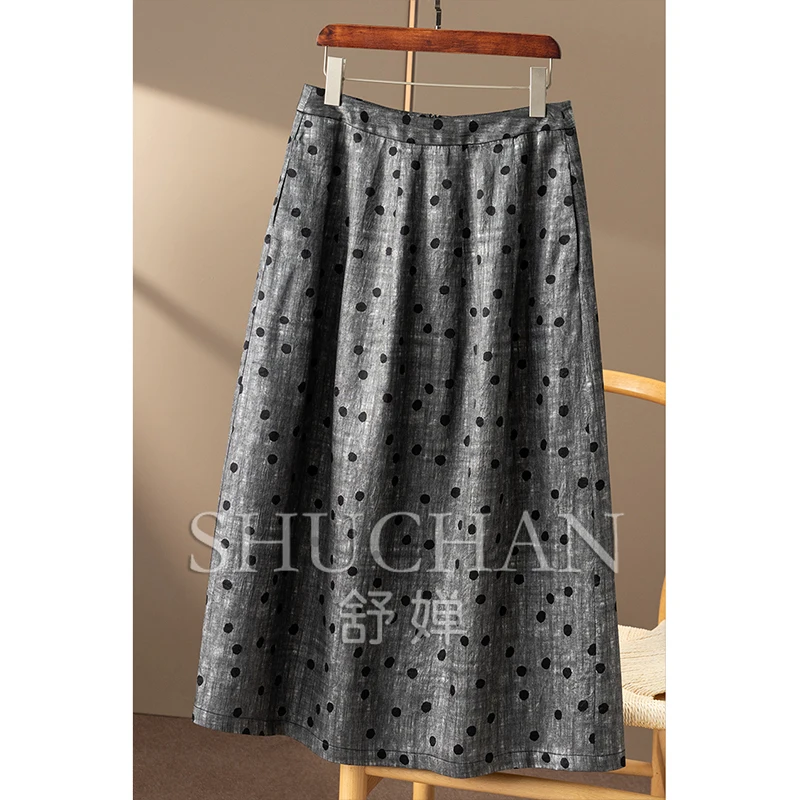 عطلة رومانية جديدة، تنورة نسائية فرنسية عالية الجودة من ألياف الخل بطباعة منقط عالية الخصر على شكل حرف A 54B7 #3