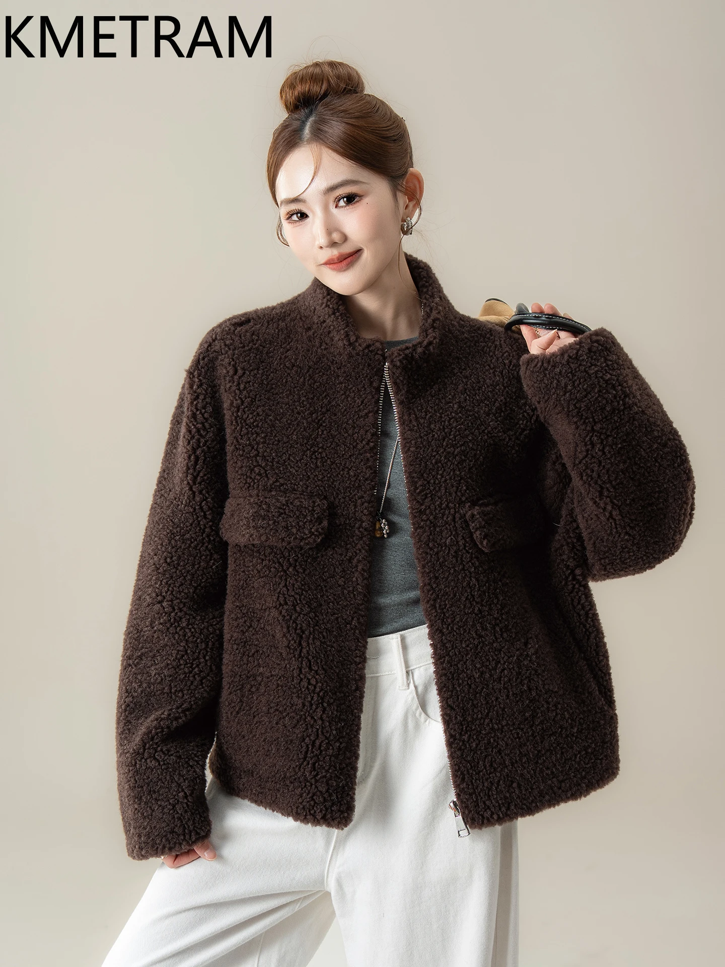 KMETRAM Pelzmantel aus 100 % natürlicher Wolle für Damen, kurz, täglich, Stehkragen, Freizeitmantel – 2025, Herbst, neuer Stil, Beij