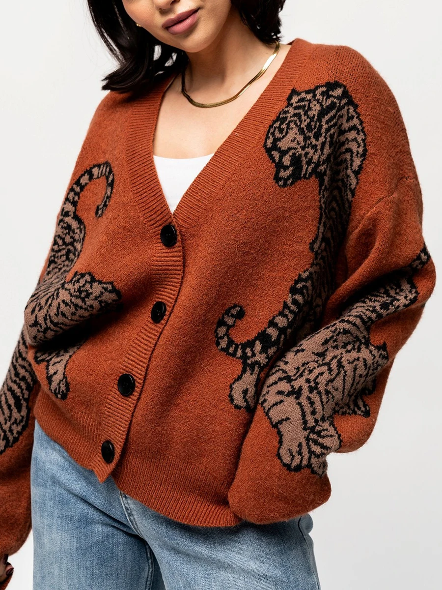 Women Button Up Sweaters Autumn Casual Lightweight Tiger Print Long Sleeve Knit Cardigans Spring Warm Knitwear for Streetwear