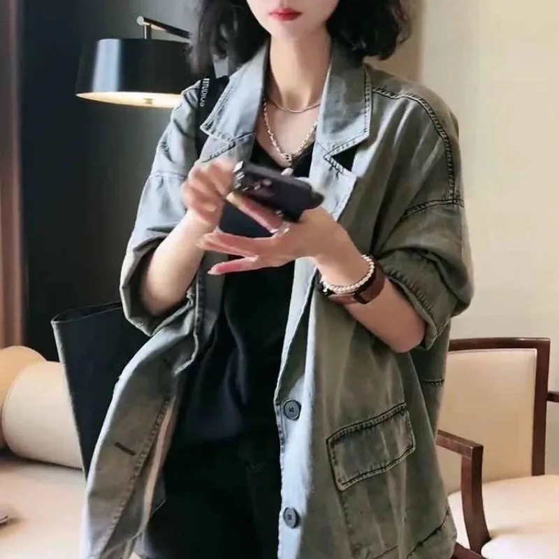 Autumn Korean Coat Women Denim Jacket Office Ladies Blazer Vintage Trend Outerwear Single Breasted Long Sleeve Big Size Clothes