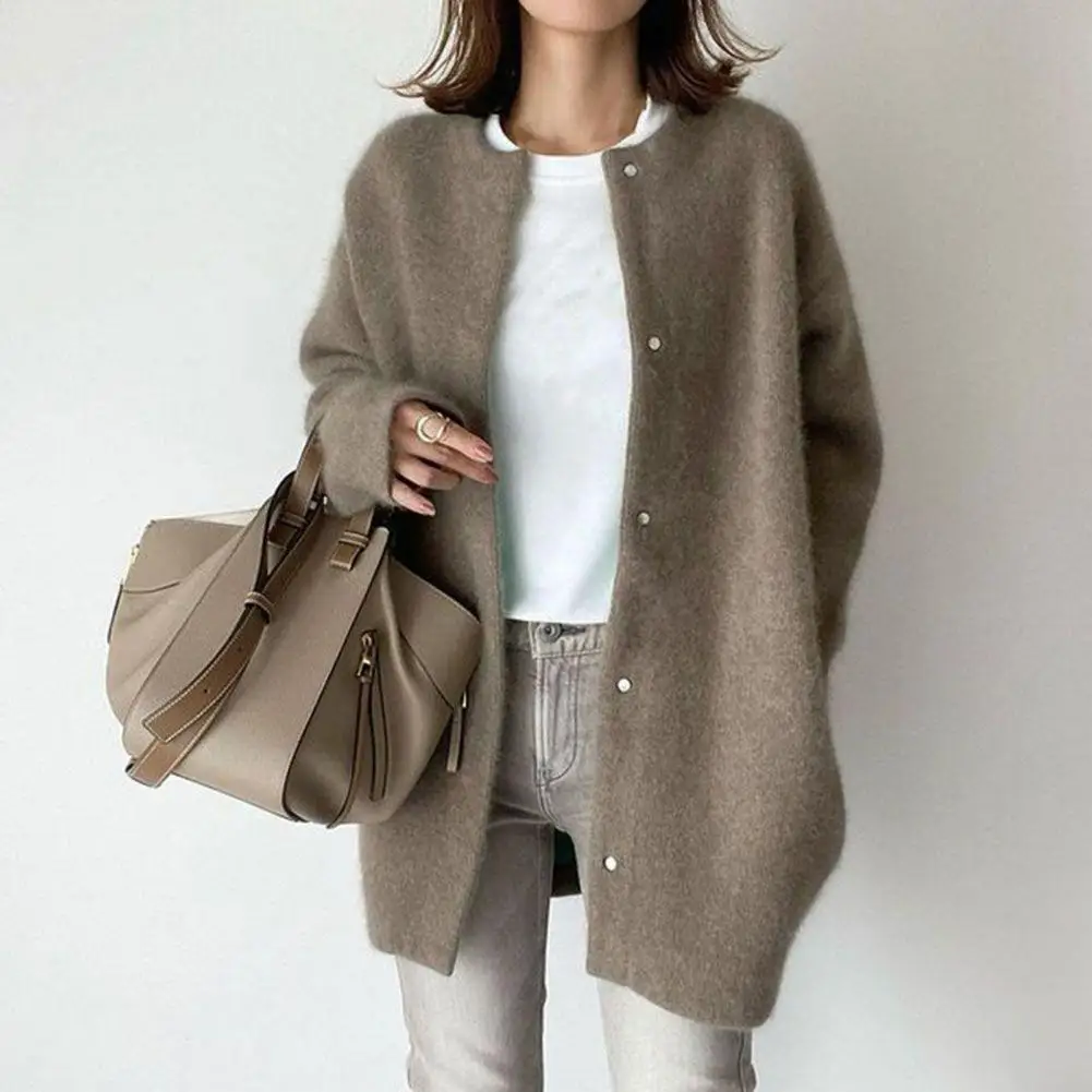 Women Coat Single-breasted Solid Color Long Sleeves Loose Knitted Lady Coat Keep Warm Sweaters Thick Women Coat Women Clothing