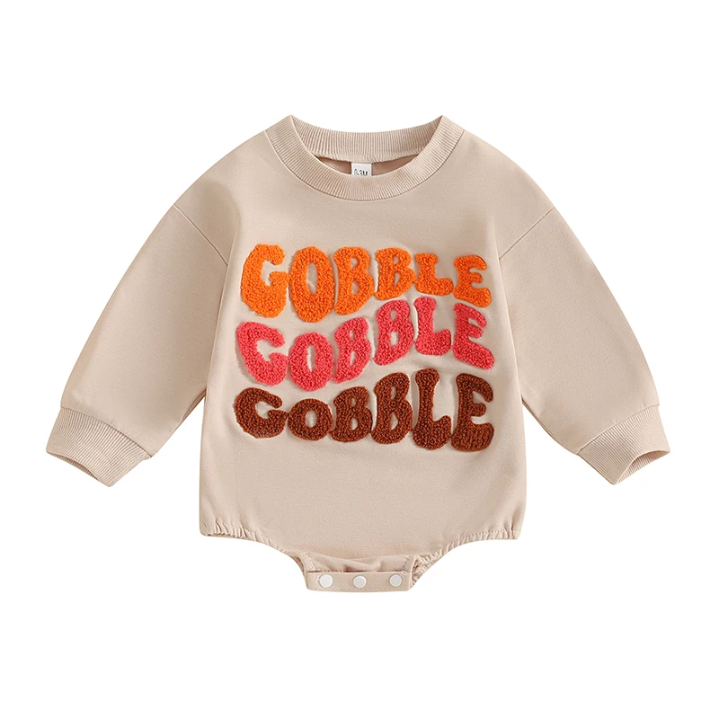 

Baby Thanksgiving Romper Letter Embroidery Long Sleeve Crew Neck Bubble Jumpsuit for Boys and Girls