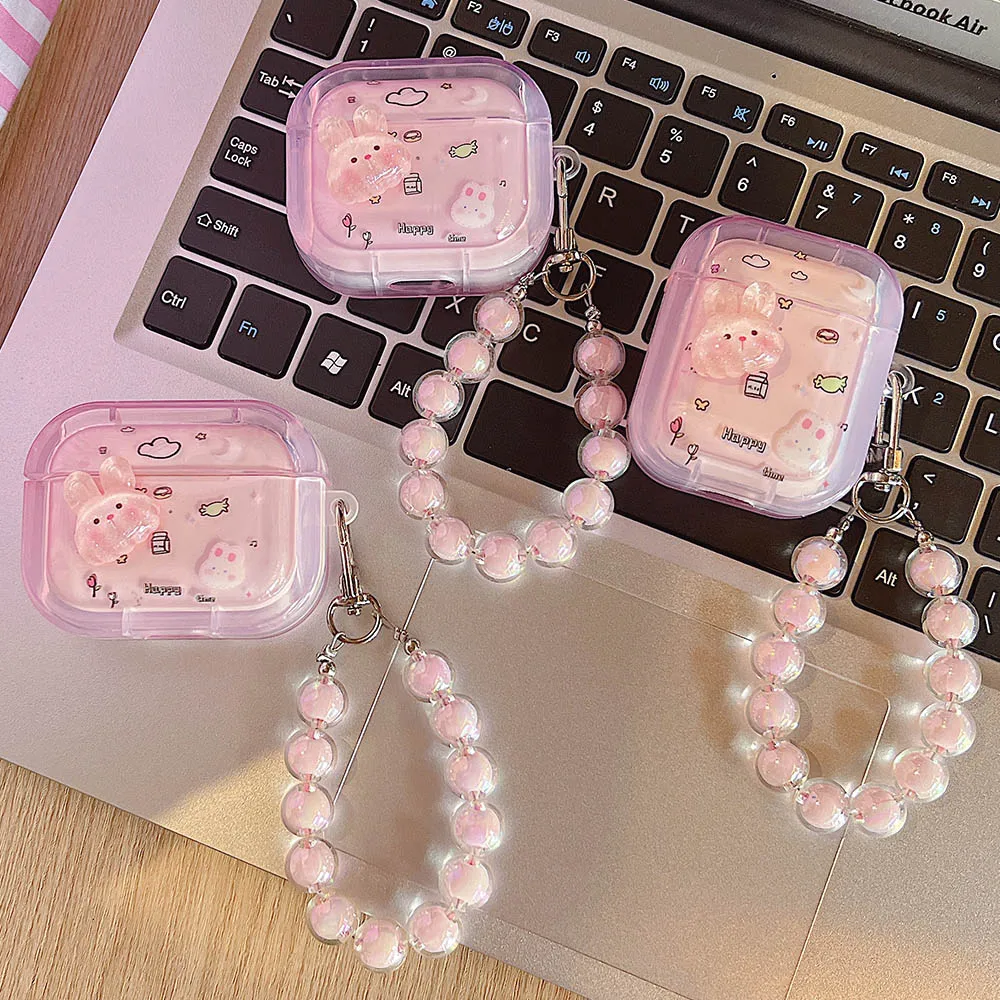 INS 3D Pink Rabbit Girl Headset Case For AirPods Pro 2 3 New 1 Cute Cartoon Happy Earphone Protective Cover with Bracelet Chain