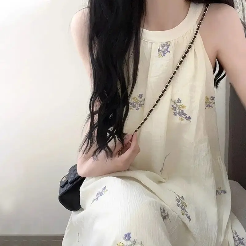 

Женская летняя мода с принтом, однотонная женская одежда с лямкой на шее, повседневное винтажное освежающее платье с цветочным принтом, тонкое универсальное