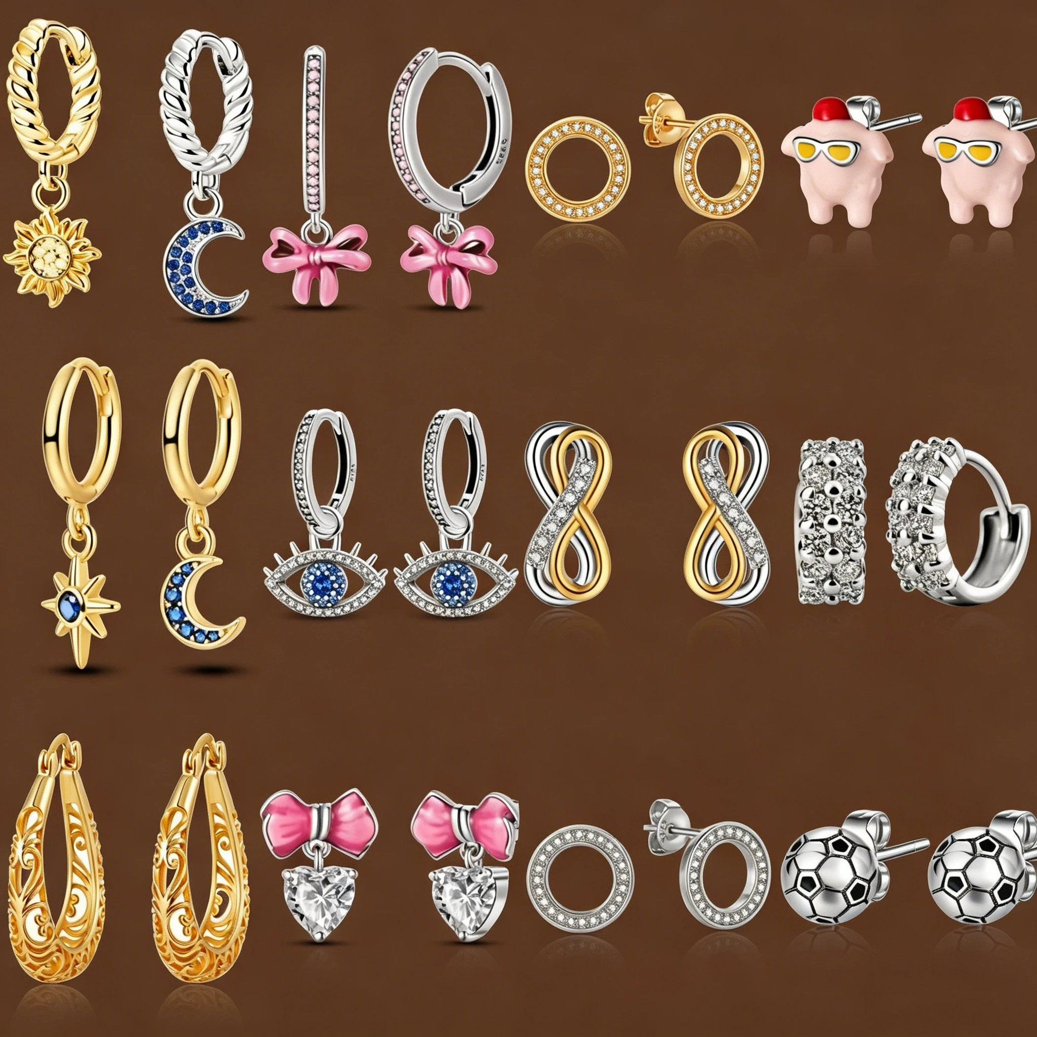 Pendientes de Plata 925 con Circonita para Mujer, Diseños de Lazo, Luna, Ojo Turco, Infinito, Cerdo, Aro y Perno, Joyería de Moda, Regalo para Fiesta